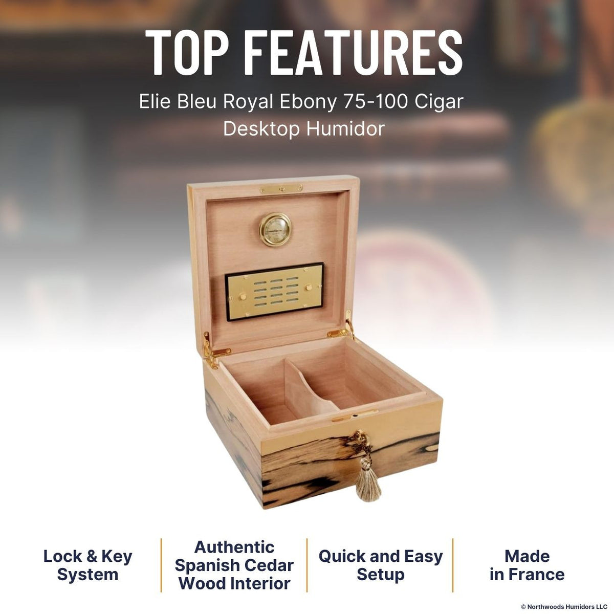 Elie Bleu Royal Ebony Cigar Desktop Humidor - Royal Ebony - Top Features