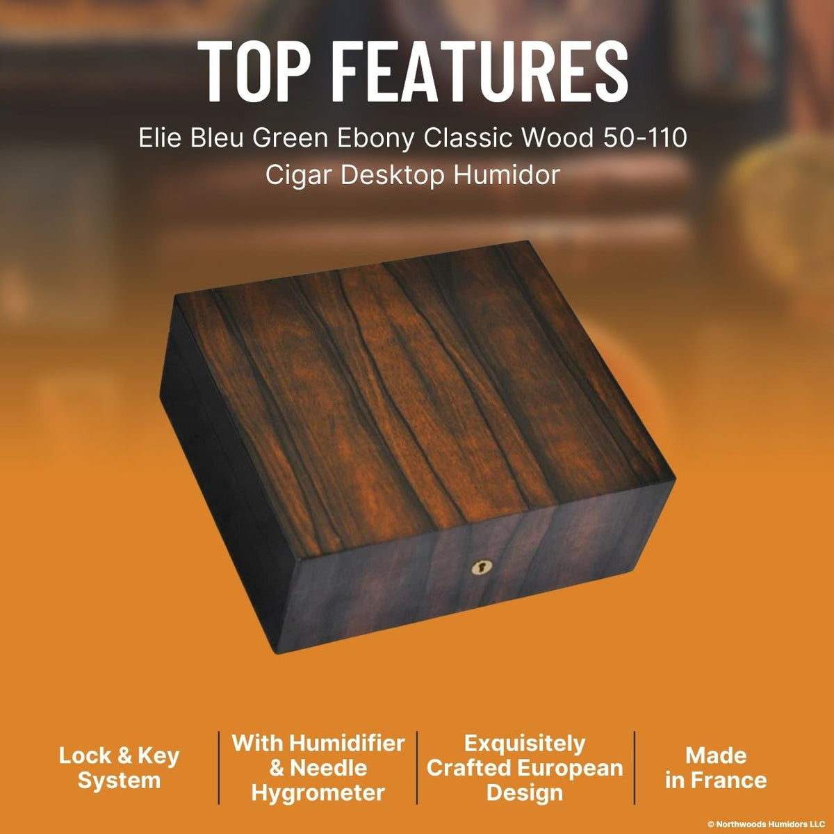 Elie Bleu Classic Wood 75-100-Cigar Desktop Humidor - Green Ebony - Top Features