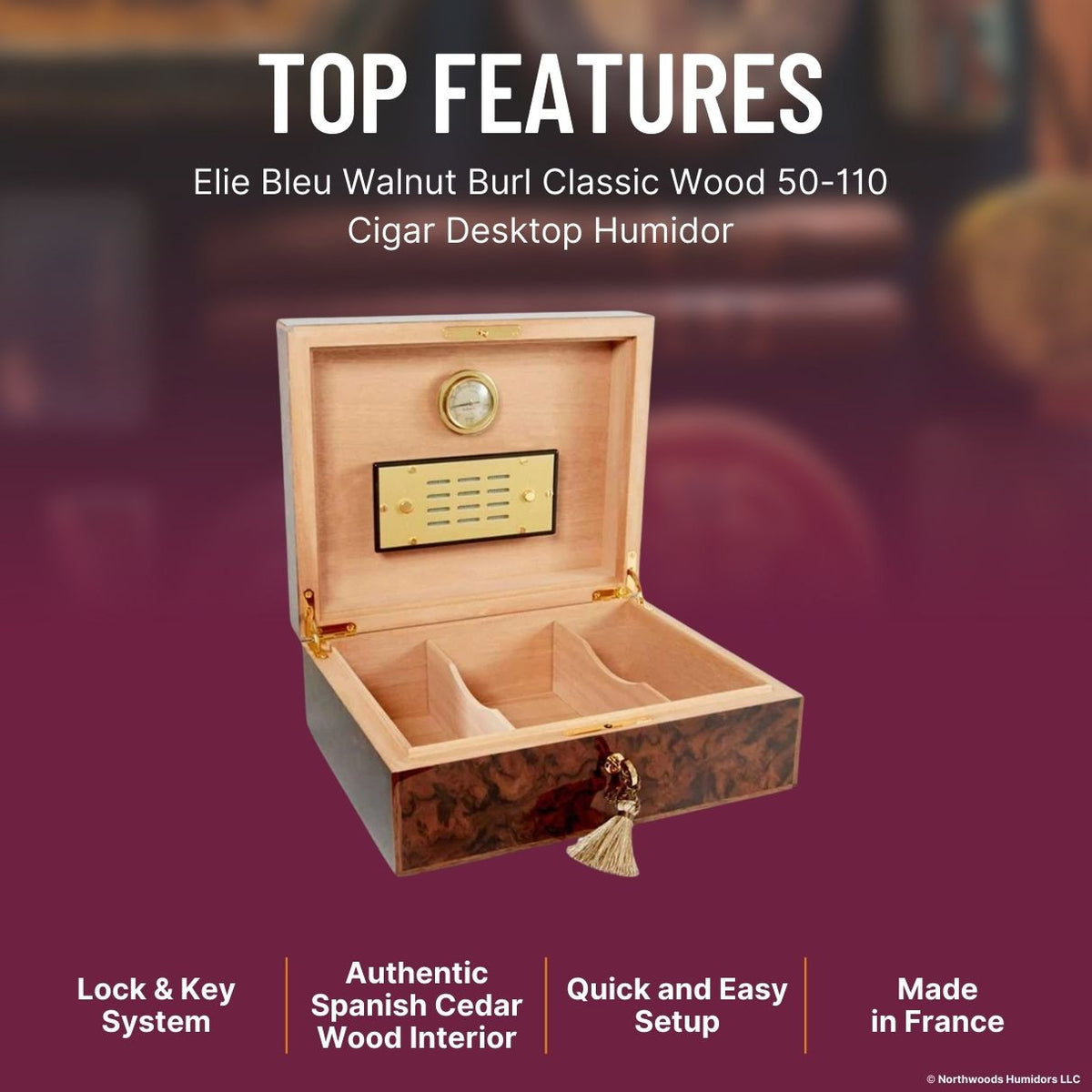 Elie Bleu Classic Wood 50-110-Cigar Desktop Humidor - Walnut Burl - Top Features