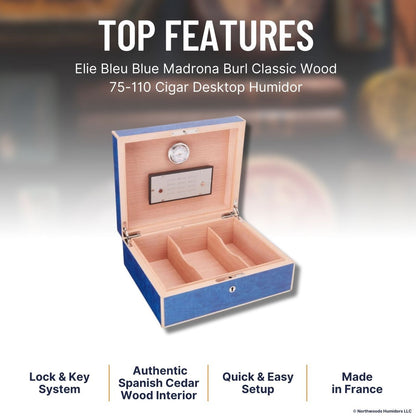 Elie Bleu Classic Wood 75-100-Cigar Desktop Humidor - Blue Madrona Burl - Top Features