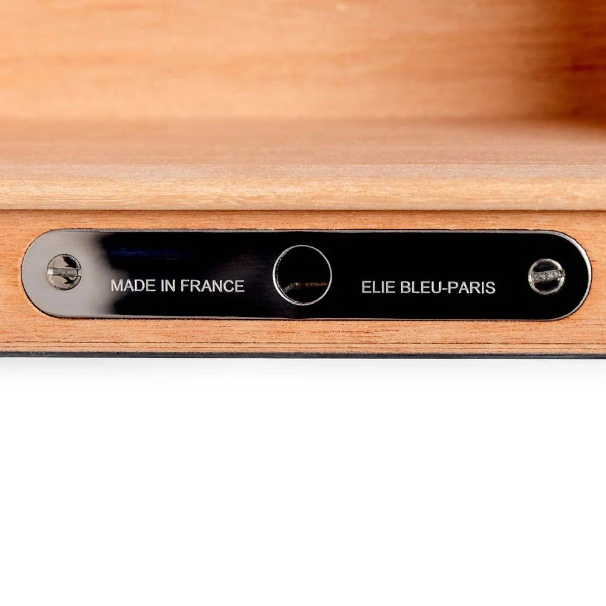 Elie Bleu Classic Wood 75-100-Cigar Desktop Humidor - Blue Madrona Burl - Plate Details
