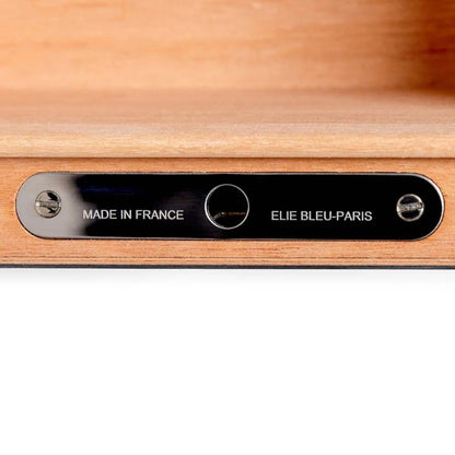 Elie Bleu Classic Wood 75-100-Cigar Desktop Humidor - Blue Madrona Burl - Plate Details