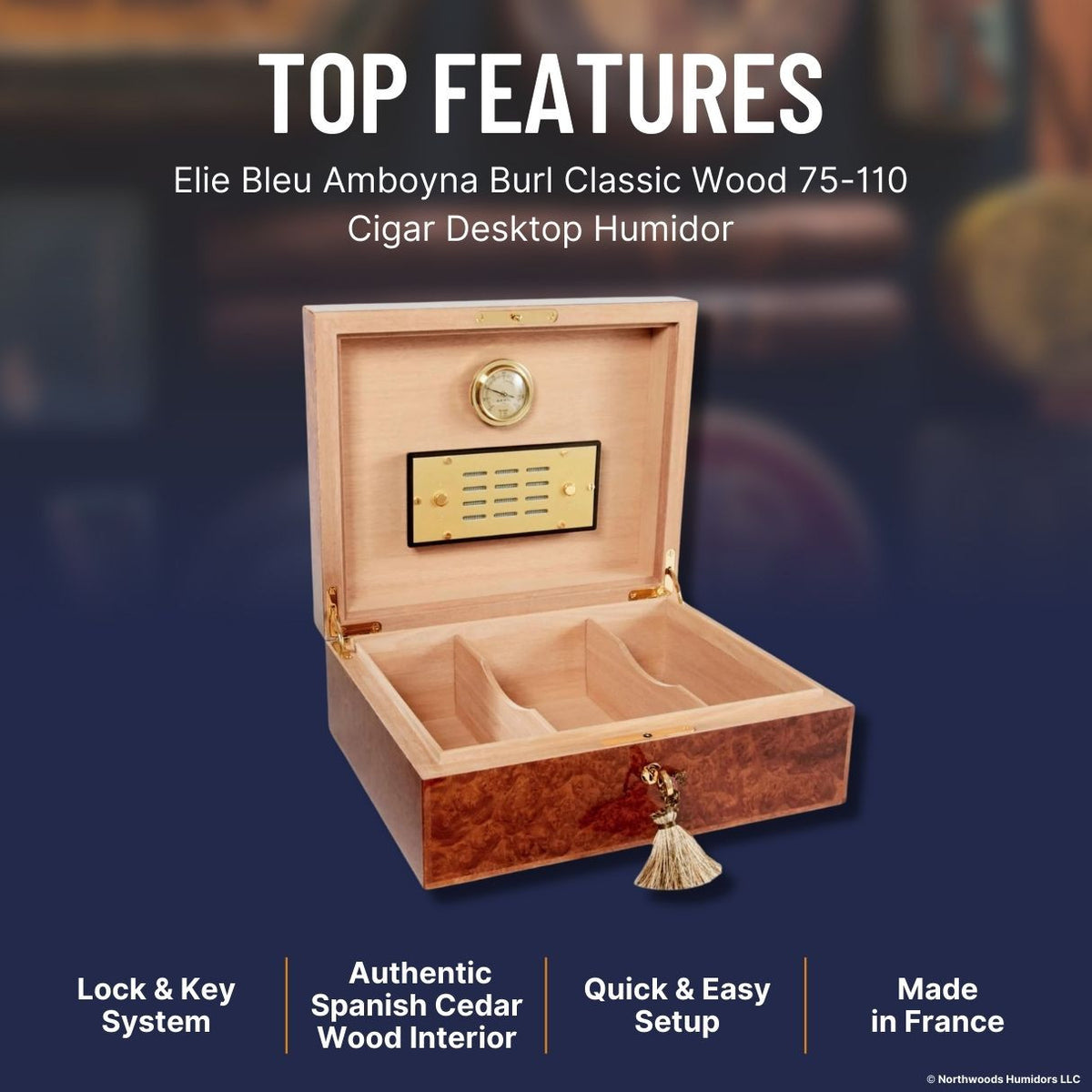 Elie Bleu Classic Wood Cigar Desktop Humidor - Amboyna Burl - Top Features