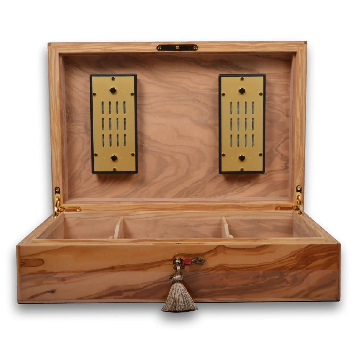 Elie Bleu Olive Wood 110-Cigar Desktop Humidor - Lid Flipped Open Front