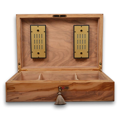 Elie Bleu Olive Wood 110-Cigar Desktop Humidor - Lid Flipped Open Front