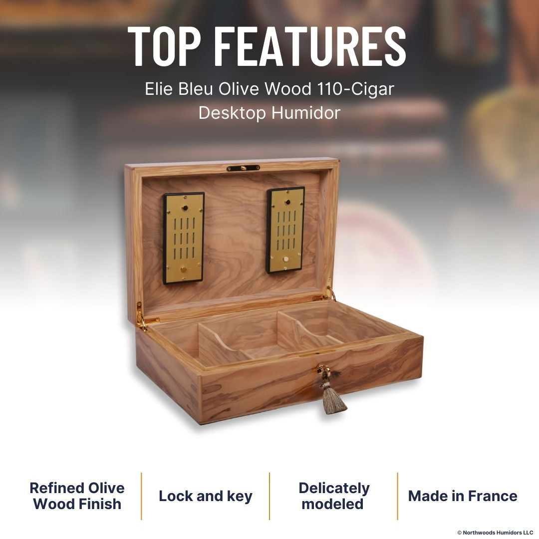Elie Bleu Olive Wood 110-Cigar Desktop Humidor -  Top Features