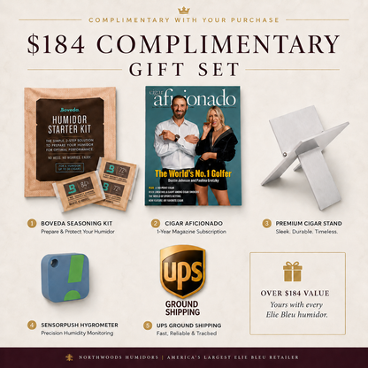 $184 complimentary gift set with a Cigar Aficionado Magazine subscription, steel Cigar Stand, Boveda starter kit, Sensorpush Digital Hygrometer, and UPS shipping.