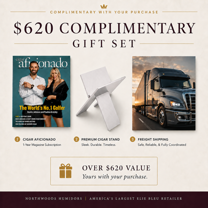 $620 complimentary gift set with a Cigar Aficionado Magazine subscription, steel Cigar Stand, and Freight shipping.