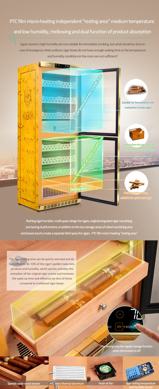 Raching MON3800B Climate Control Gold Burl 1,800-Cigar Electric Humidor - Specifications