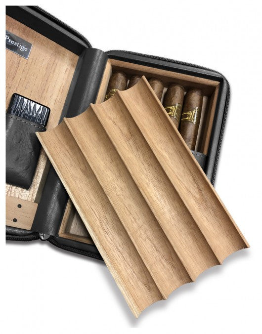 Prestige Manhattan Leather 4-Finger Travel Cigar Case - with on Board Accessories - Black - Interior Tray