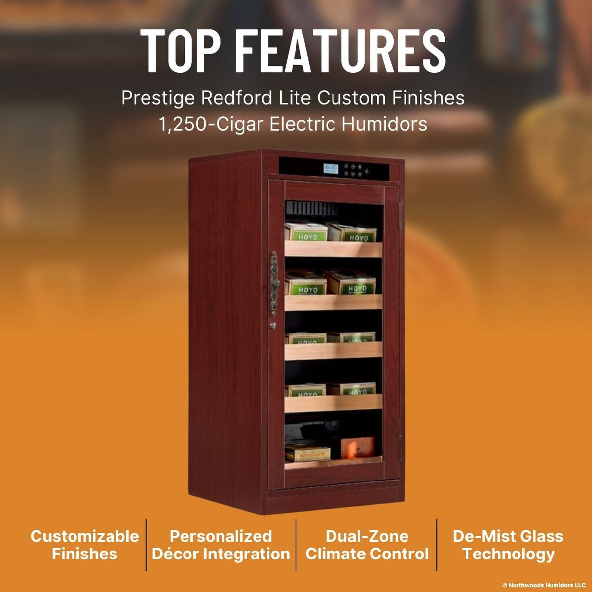 Prestige Redford Lite Custom Finishes 1,250-Cigar Electric Humidors - Cherry - Top Features