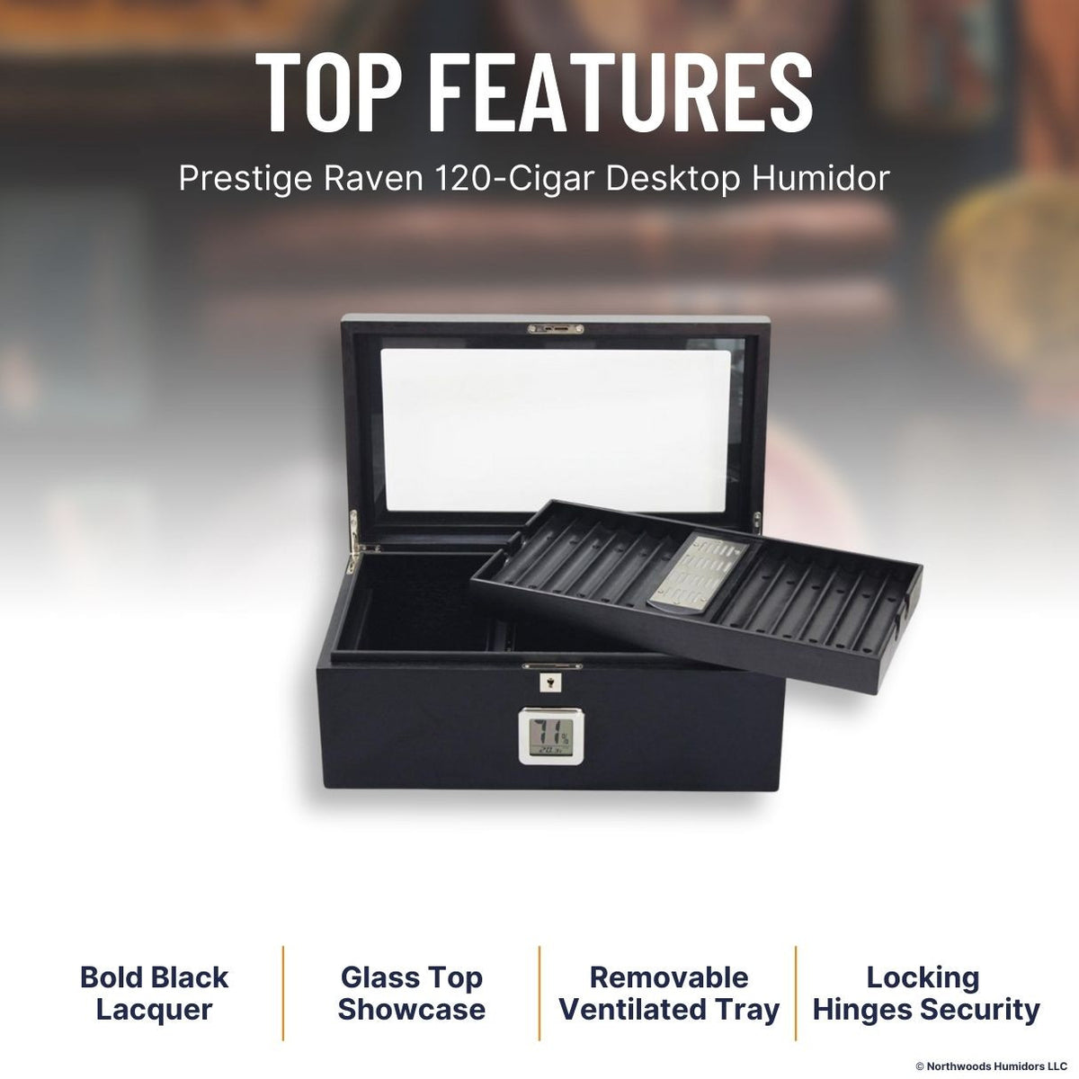 Prestige Raven 120-Cigar Desktop Humidor - Top Features