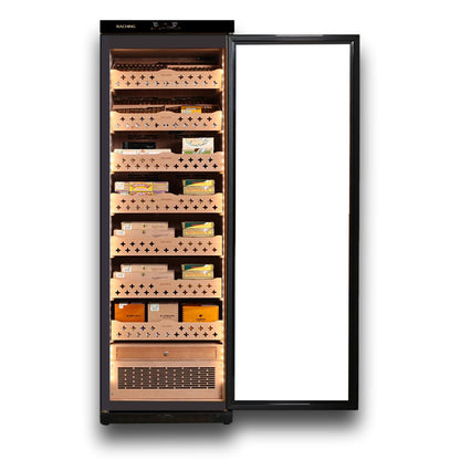 Raching MON3800A Climate Control Black Wood 1,800-Cigar Electric Humidor - Front View with Door Fully Open
