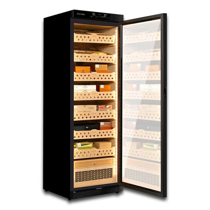 Raching MON3800A Climate Control Black Wood 1,800-Cigar Electric Humidor - Side View with Door Fully Open