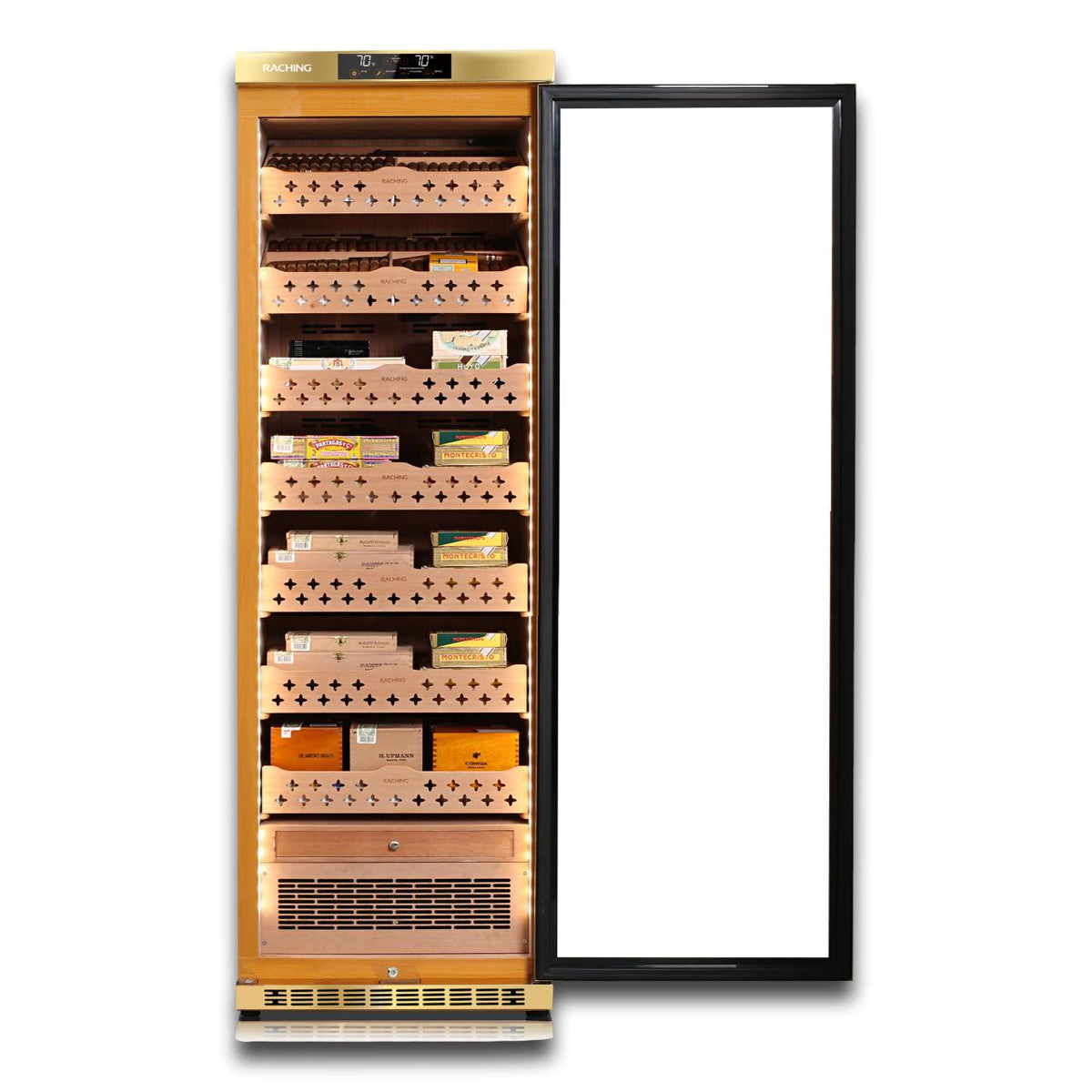 Raching MON3800A Climate Control Gold Burl 1,800-Cigar Electric Humidor - Door Fully Open Front View