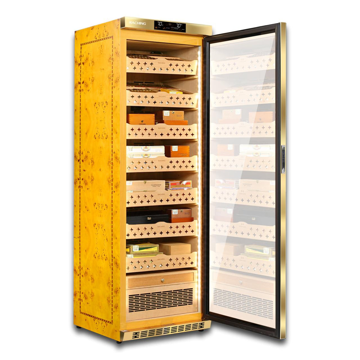 Raching MON3800A Climate Control Gold Burl 1,800-Cigar Electric Humidor - Door Fully Open Side View