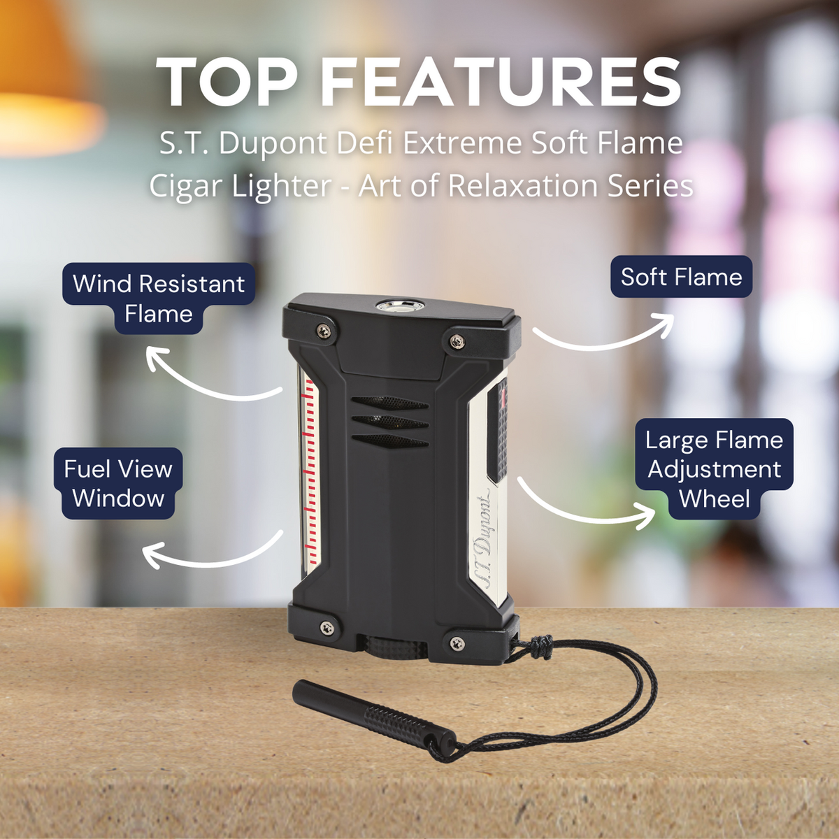 S.T. Dupont Defi Extreme Soft Flame Cigar Lighter - Art of Relaxation Series - Black & Chrome - Top Features