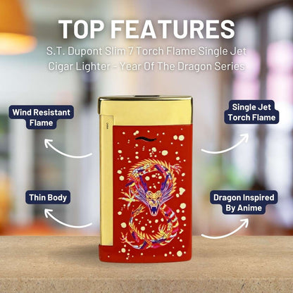S.T. Dupont Slim 7 Torch Flame Single Jet Cigar Lighter - Year Of The Dragon Series - Burgundy and Gold - Top Features