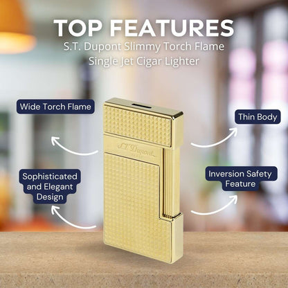 S.T. Dupont Slimmy Torch Flame Single Jet Cigar Lighter - Diamond Head Gold - Top Features