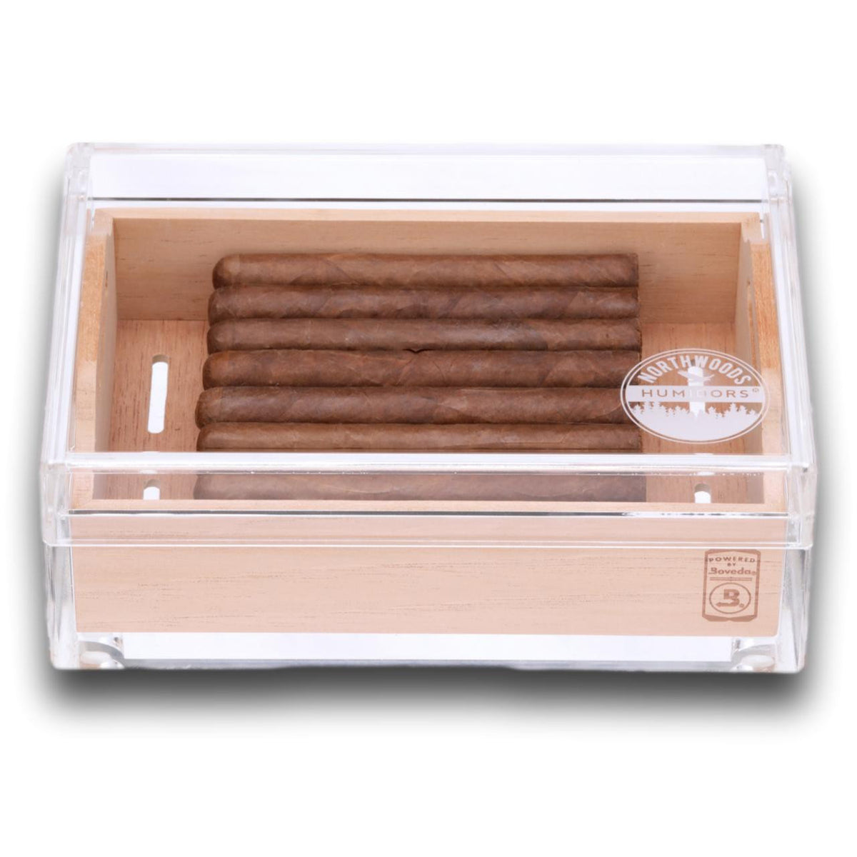 Small Acrylic 20-Cigar Humidor Powered by Boveda - Exterior Front with Cigars