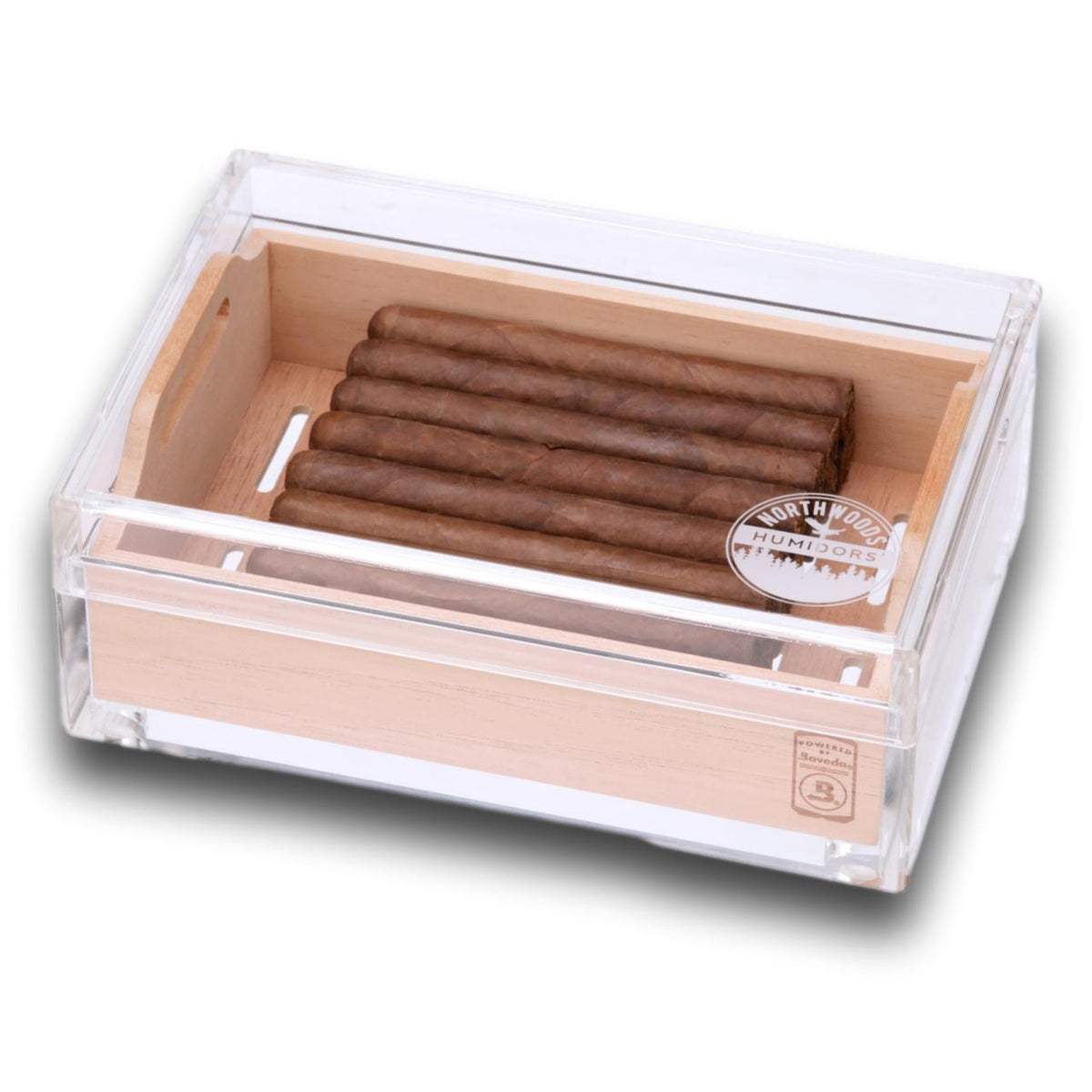 Small Acrylic 20-Cigar Humidor Powered by Boveda - Diagonal View with Cigars