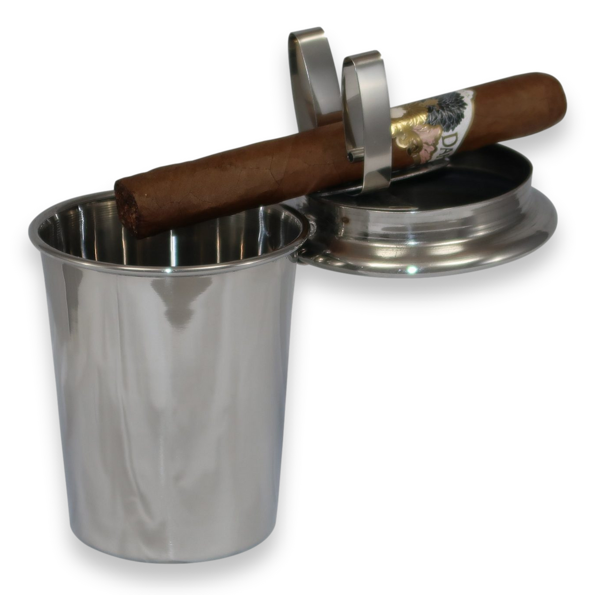 Stinky Cigar Polished Stainless Steel Metal 1-Cigar Car Ashtray  - Exterior Front Open with Cigar