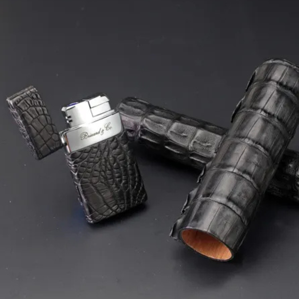 Brizard & Co Crocodile Black Venezia Torch Flame Single Jet Cigar Lighter - Collection with Lid Flipped Open