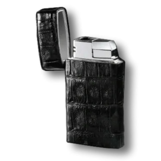 Brizard & Co Crocodile Black Venezia Torch Flame Single Jet Cigar Lighter - Lid Flipped Open