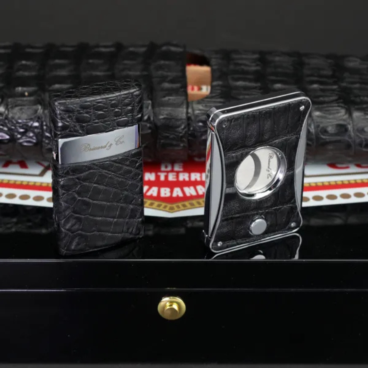 Brizard & Co Crocodile Black Venezia Torch Flame Single Jet Cigar Lighter - Right Facing with Cutter