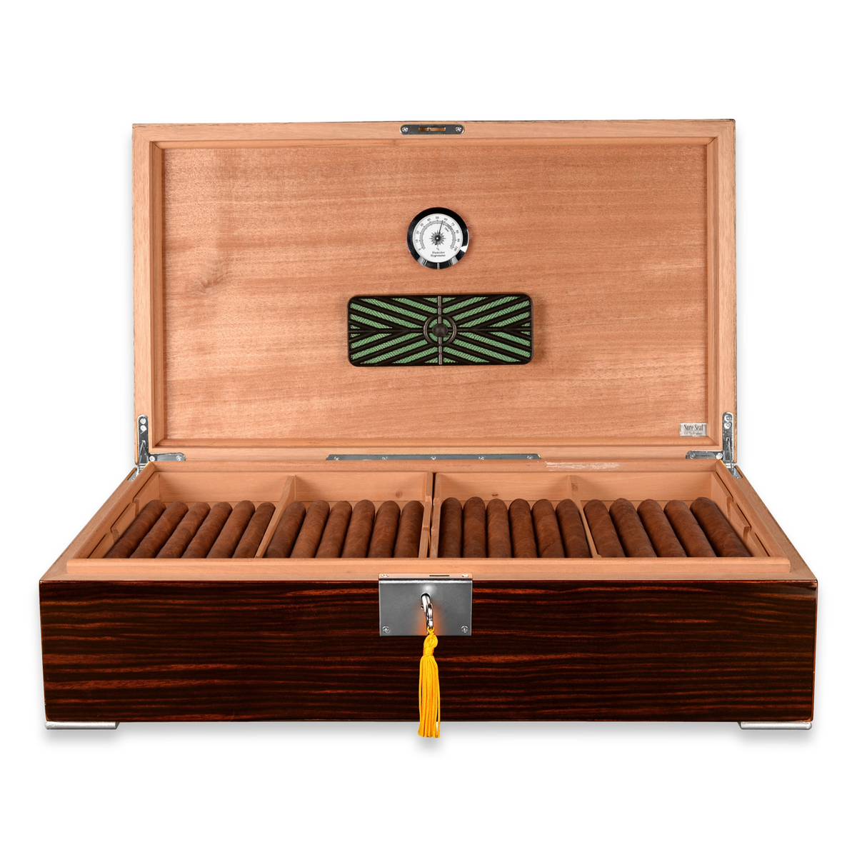 Humidor Supreme Valentino High Lacquer 250-Cigar Desktop Humidor - Open Lid Front with Cigars