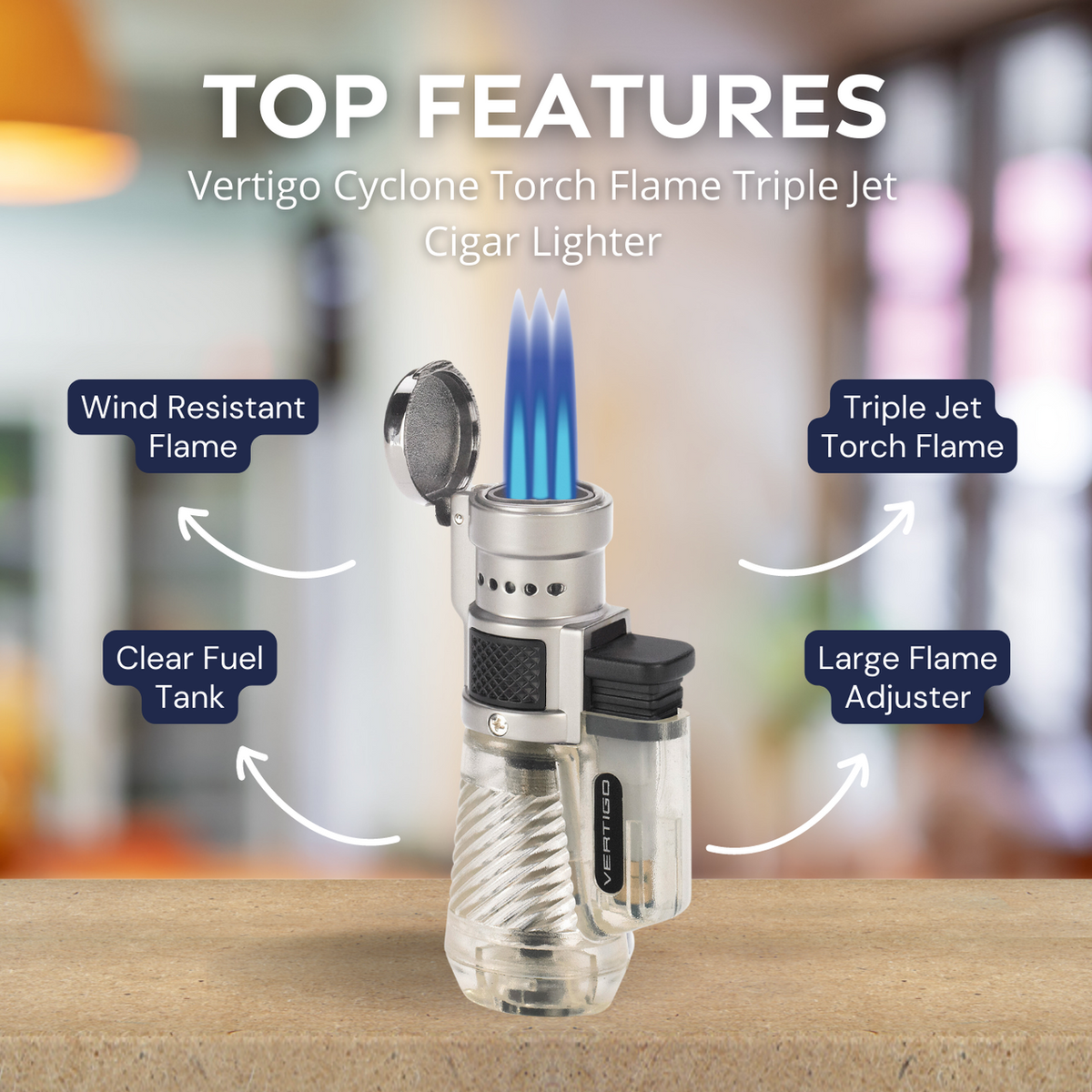 Vertigo Cyclone Torch Flame Triple Jet Cigar Lighter - Clear - Top Features