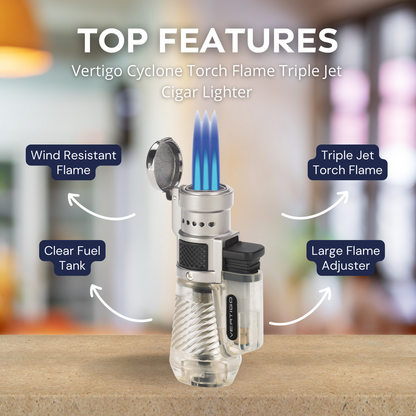 Vertigo Cyclone Torch Flame Triple Jet Cigar Lighter - Clear - Top Features
