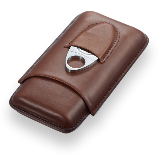 Visol Legendary Leather 3-Finger Cigar Case with Cutter - Brown - Exterior Front Closed