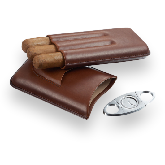 Visol Legendary Leather 3-Finger Cigar Case with Cutter - Brown - Exterior Front Open