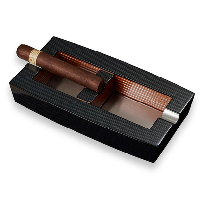 Visol Normandy Elongated Carbon Fiber 2-Cigar Ashtray - with Adjustable Cigar Rests  - Exterior Front with Cigar