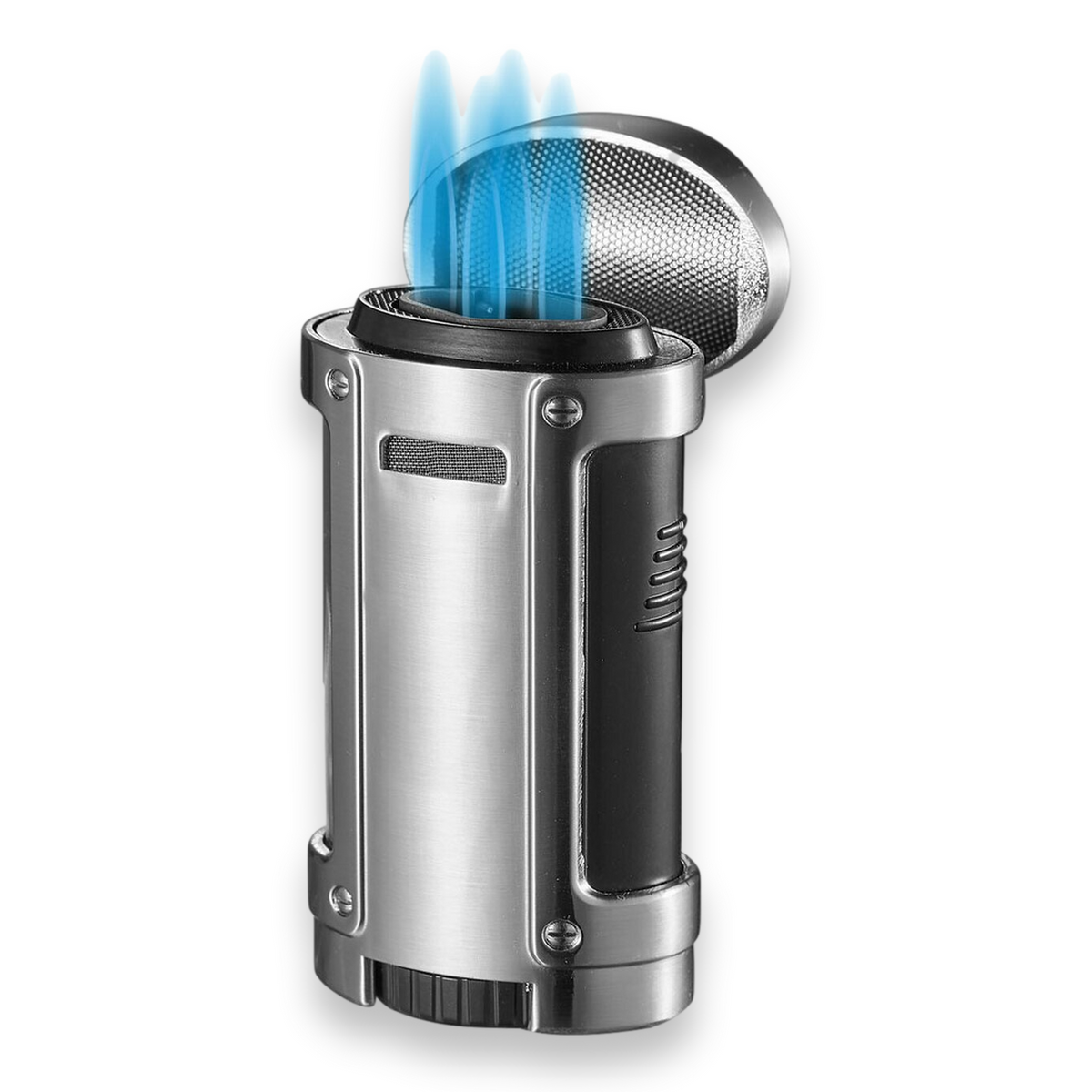 Visol Rhino Torch Flame Quad Jet Cigar Lighter - Brushed Chrome - Exterior Front with Flame