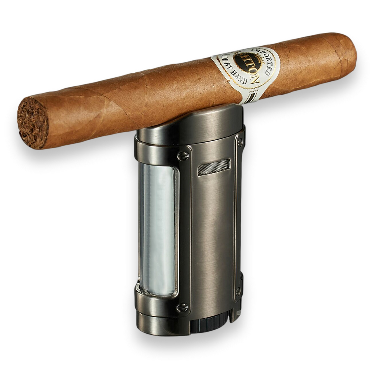 Visol Rhino Torch Flame Quad Jet Cigar Lighter - Gunmetal - Exterior Front with Cigar Rest