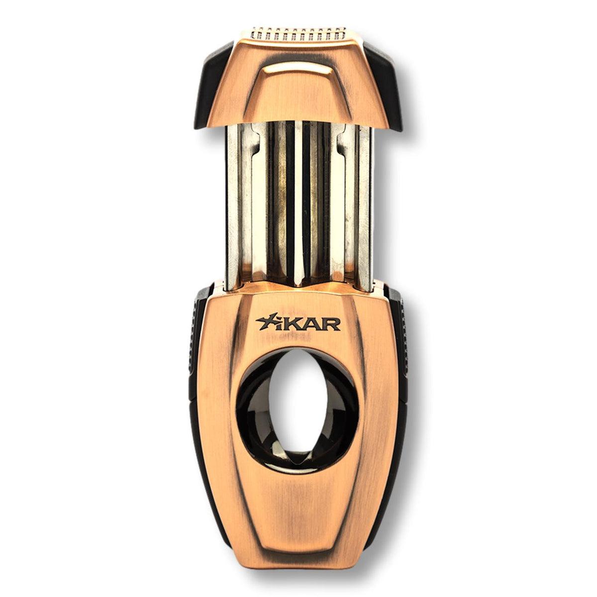 Xikar Flip Dual Straight & V-Cut Cigar Cutters - Bronze -  Front Side when Opened