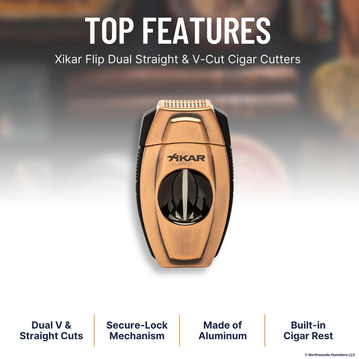 Xikar Flip Dual Straight & V-Cut Cigar Cutters - Bronze - Top Features