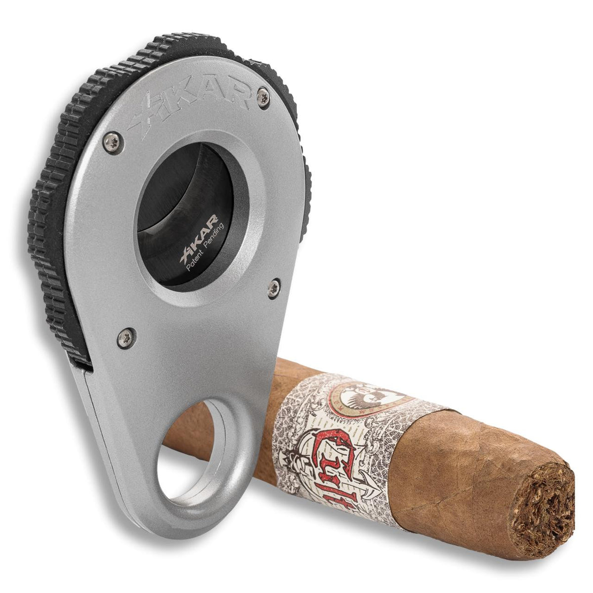 Xikar Revolution Xi 360 Double Blade Cigar Cutters - Silver - Right Facing with Cigar
