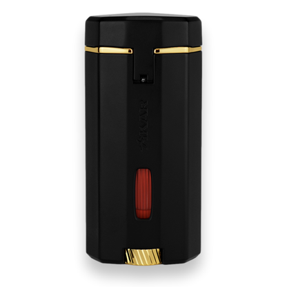 Xikar Meridian Triple Soft Flame Cigar Lighter - Black and Gold - Exterior Back Fuel Window