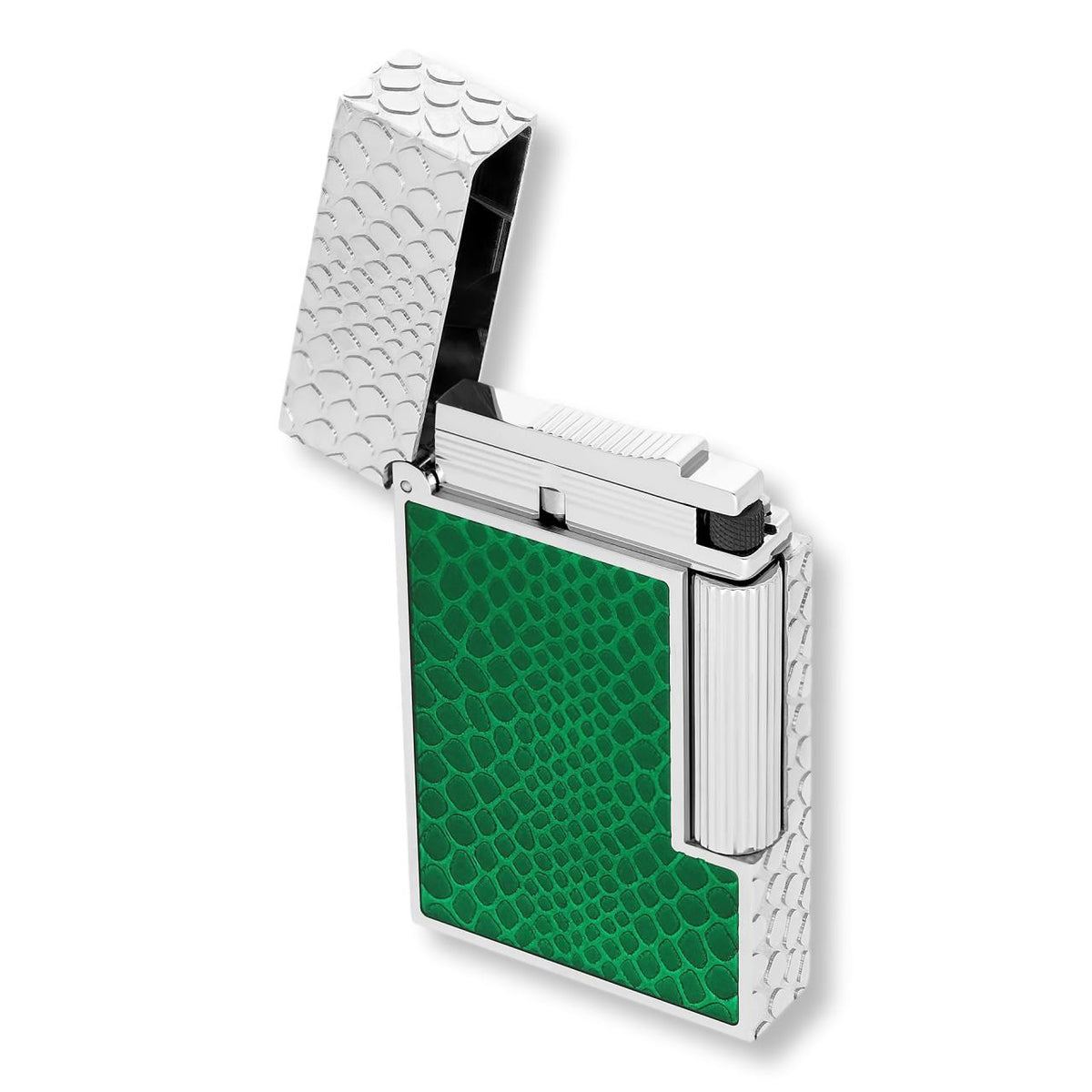 S.T. Dupont Green Snake Skin Line 2 Double Soft Flame Cigar Lighter - Lid Flipped Open