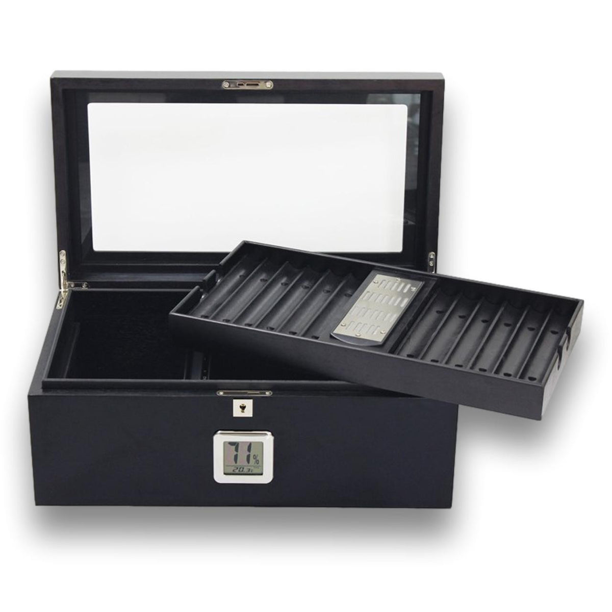 Prestige Raven 120-Cigar Desktop Humidor - Lid Flipped Open with Removed Tray