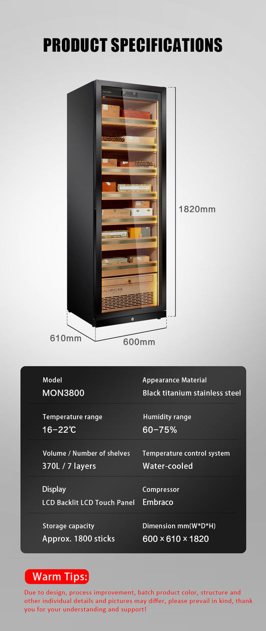Raching MON3800A Climate Control Black Titanium Stainless Steel 1,800-Cigar Electric Humidor Specifications