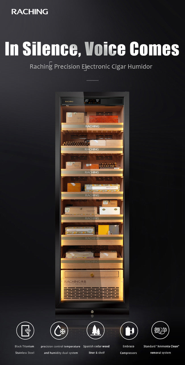 Raching MON3800A Climate Control Black Titanium Stainless Steel 1,800-Cigar Electric Humidor Specifications